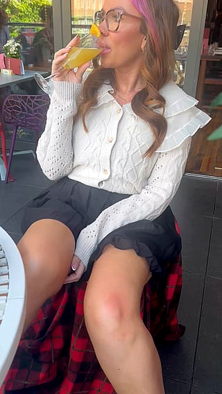 Naughty Brunch Flash: Skirt Lifts & Bare Pussy in Public'